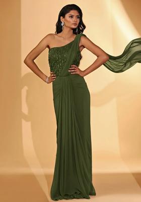 Dark Green Hand Work Embellished Pre Draped Saree Set