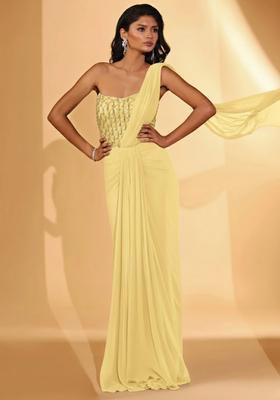 Light Yellow Hand Work Embellished Pre Draped Saree Set