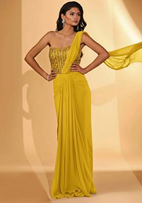 Bright Yellow Hand Work Embellished Pre Draped Saree Set