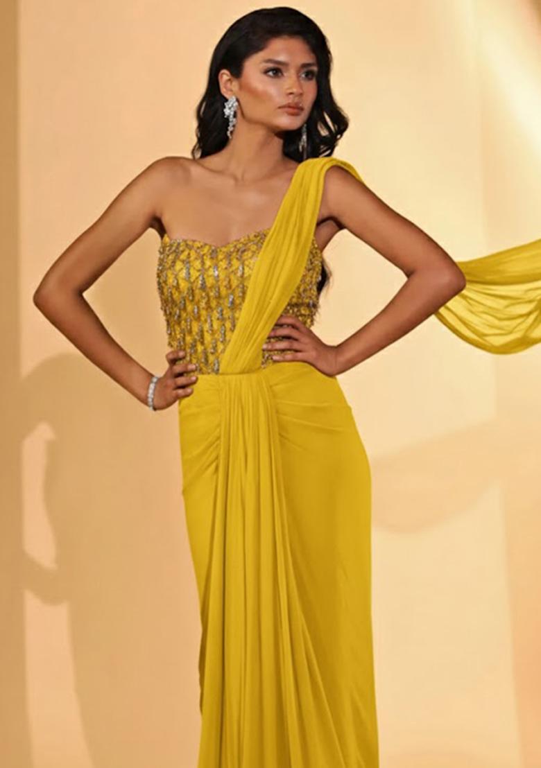 Bright Yellow Hand Work Embellished Pre Draped Saree Set - Indya