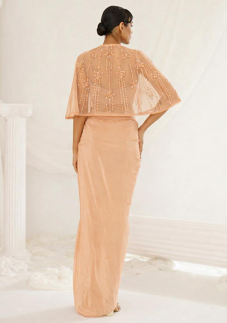Light Peach Hand Work Embellished Fusion Set - Indya