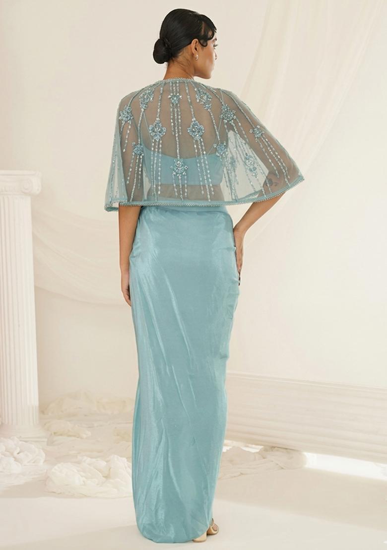 Aqua Blue Hand Work Embellished Fusion Set - Indya