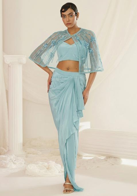 Aqua Blue Hand Work Embellished Fusion Set