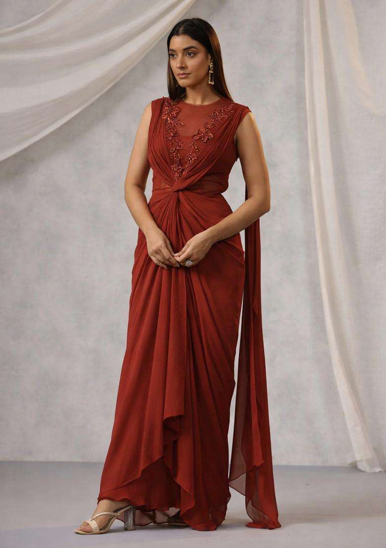 Plum Hand Work Embroidered Fusion Set - Indya