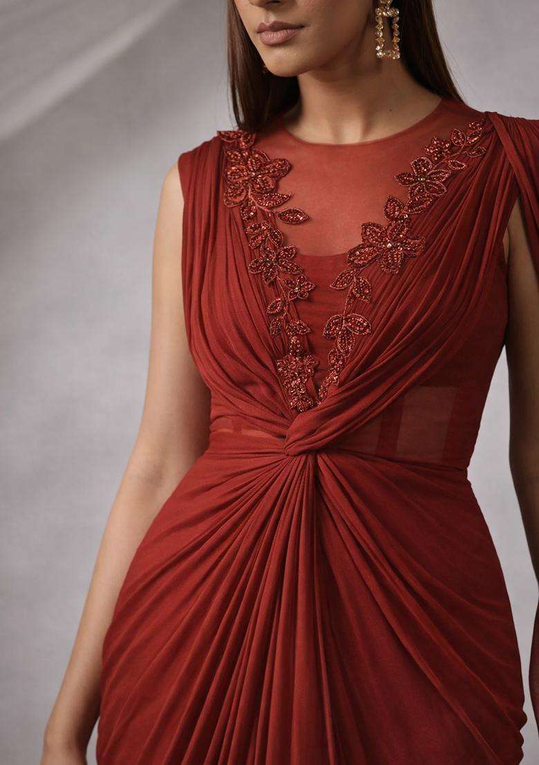 Plum Hand Work Embroidered Fusion Set - Indya