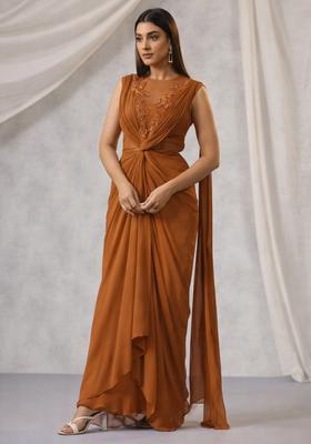 Brown Hand Work Embroidered Fusion Set