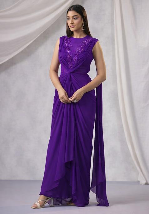 Purple Hand Work Embroidered Fusion Set