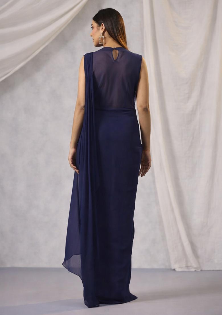 Navy Blue Hand Work Embroidered Fusion Set - Indya