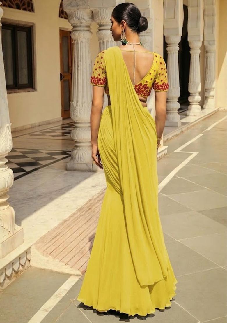 Bright Yellow Hand Work Embroidered Pre Draped Saree Set - Indya