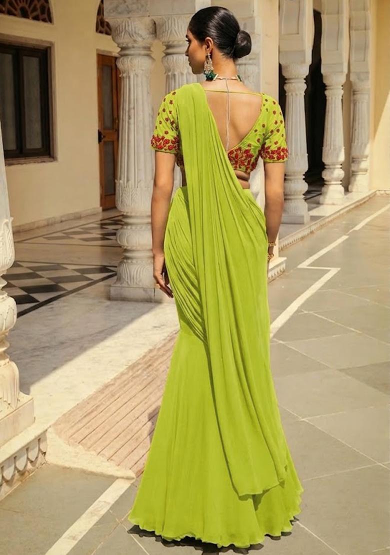 Light Green Hand Work Embroidered Pre Draped Saree Set - Indya