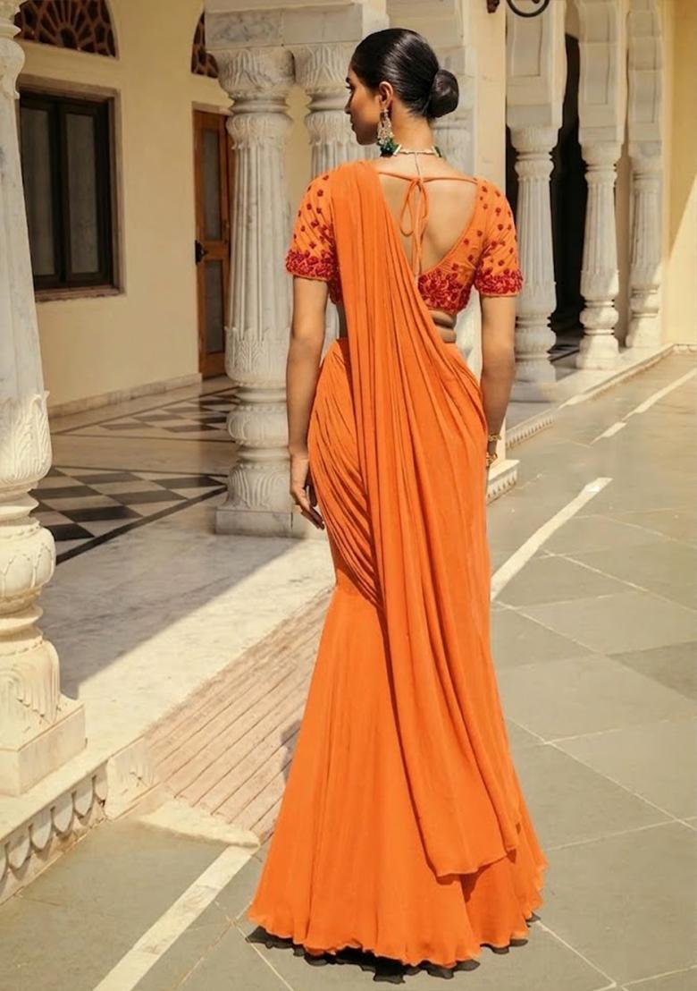 Bright Orange Hand Work Embroidered Pre Draped Saree Set - Indya
