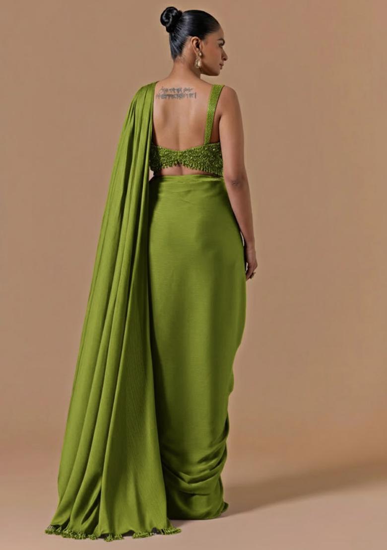 Olive Green Hand Work Embellished Pre Draped Saree Set - Indya