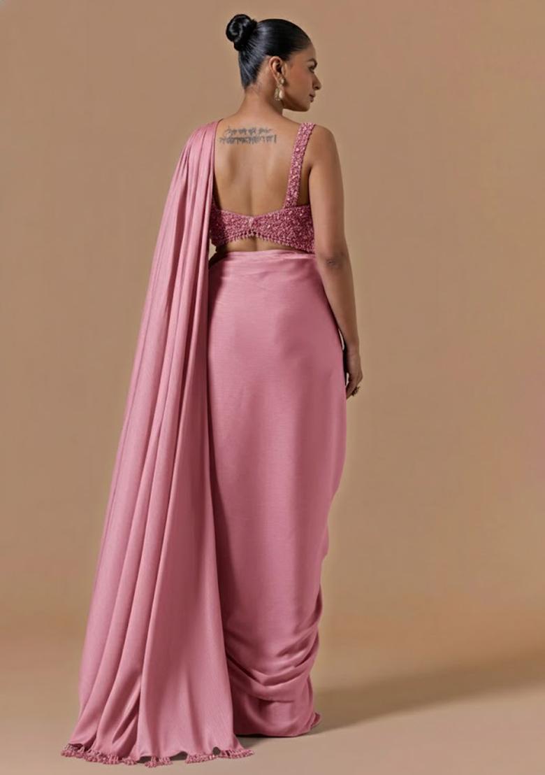 Hot Pink Hand Work Embellished Pre Draped Saree Set - Indya