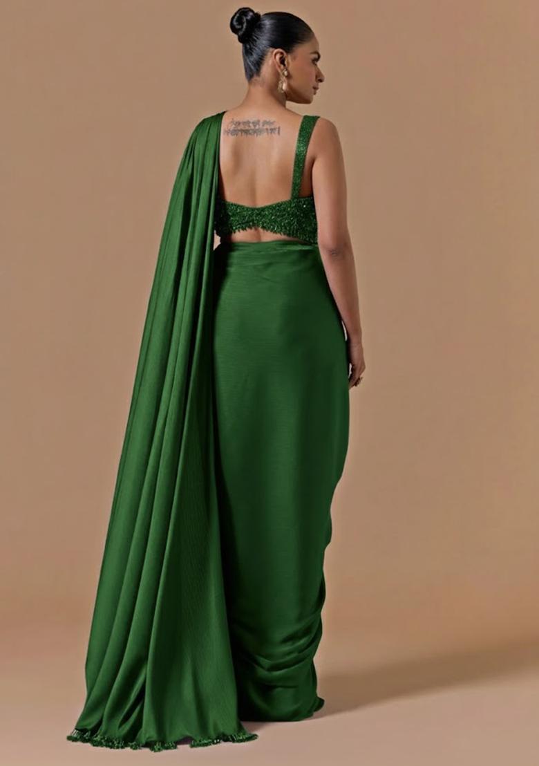 Green Hand Work Embellished Pre Draped Saree Set - Indya