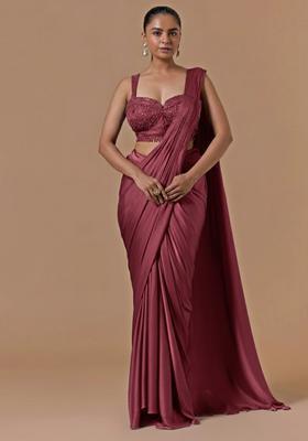 Pink Hand Work Embellished Pre Draped Saree Set