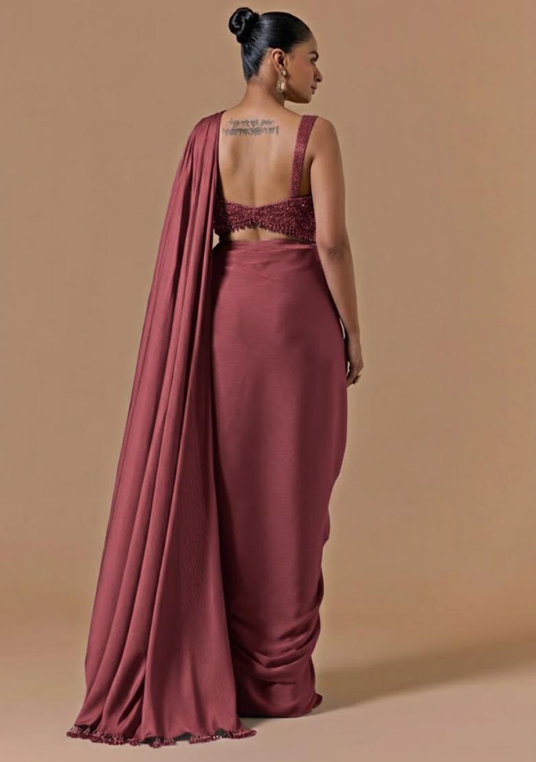 Pink Hand Work Embellished Pre Draped Saree Set - Indya