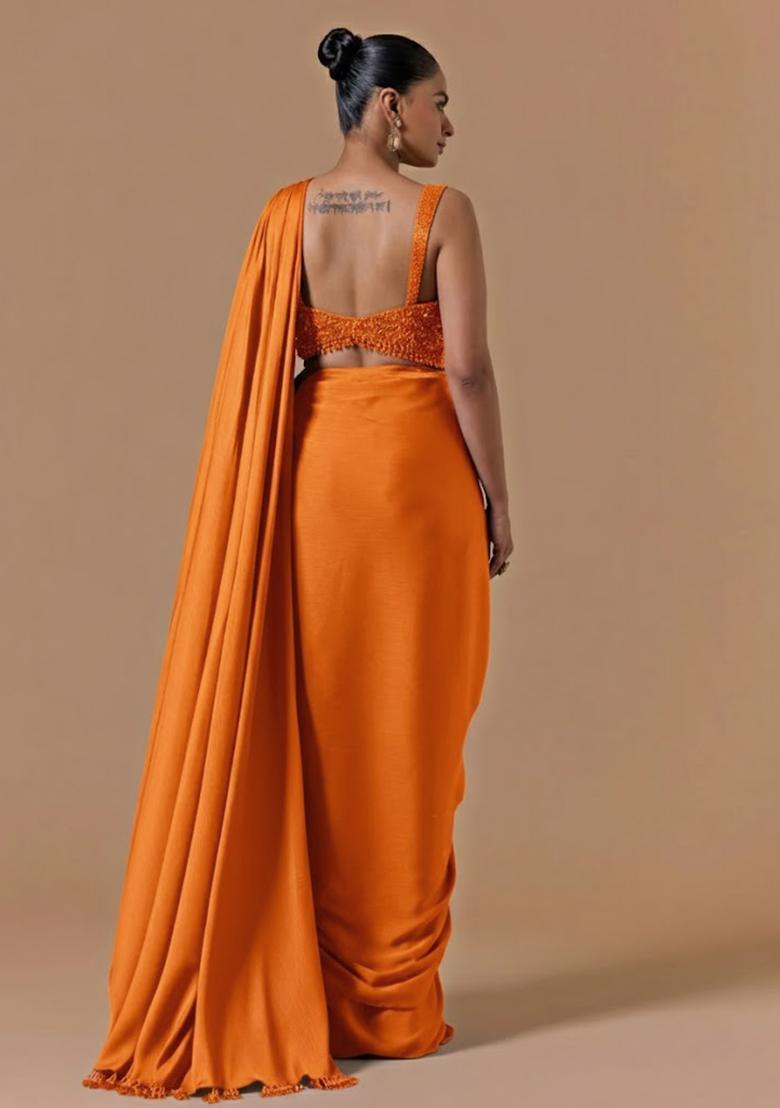 Bright Orange Hand Work Embellished Pre Draped Saree Set - Indya