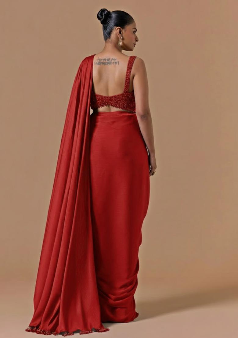 Bright Red Hand Work Embellished Pre Draped Saree Set - Indya