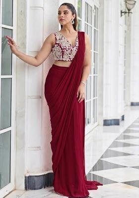 Red Hand Work Embroidered Pre Draped Saree Set
