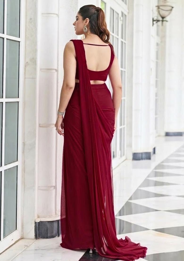 Red Hand Work Embroidered Pre Draped Saree Set - Indya