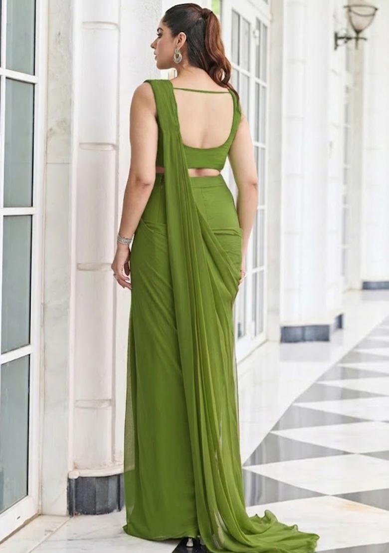 Light Green Hand Work Embroidered Pre Draped Saree Set - Indya