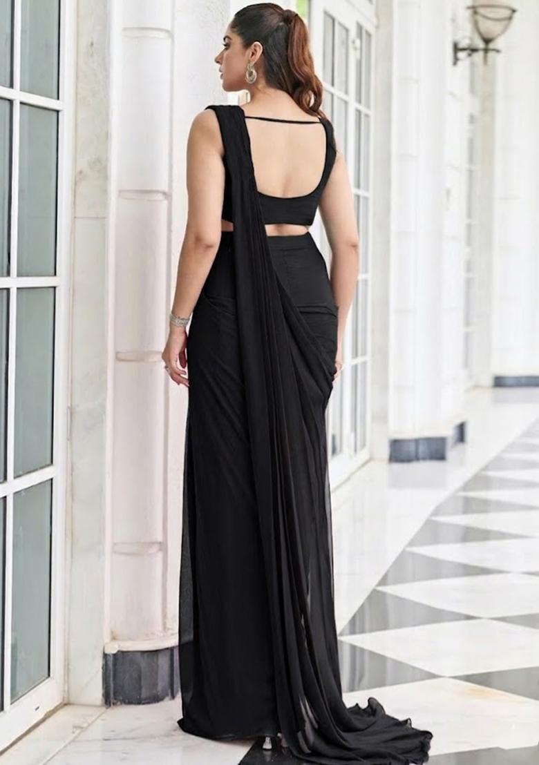Black Hand Work Embroidered Pre Draped Saree Set - Indya