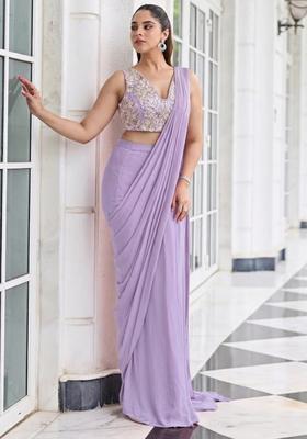 Lilac Hand Work Embroidered Pre Draped Saree Set