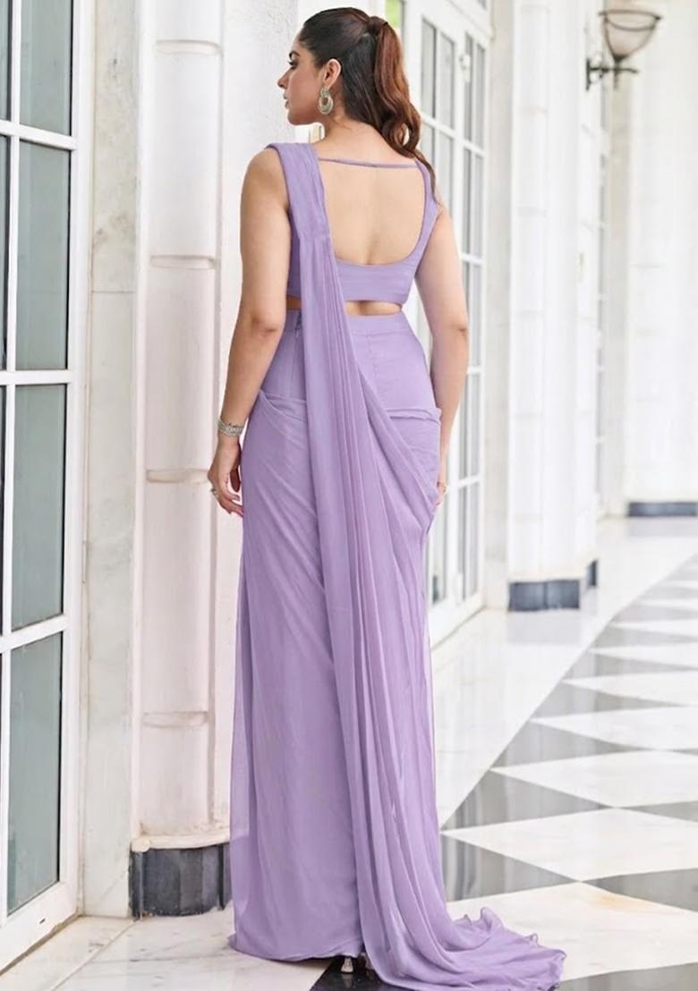 Lilac Hand Work Embroidered Pre Draped Saree Set - Indya