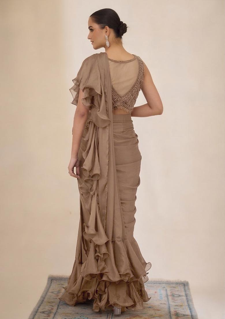  Brown Hand Work Embellished Pre Draped Saree Set - Indya