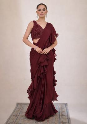 Red Hand Work Embellished Pre Draped Saree Set