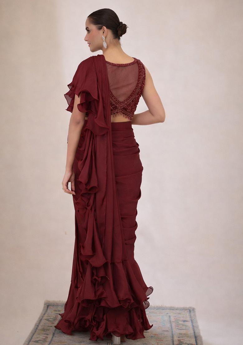 Red Hand Work Embellished Pre Draped Saree Set - Indya