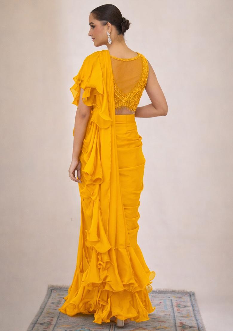 Bright Yellow Hand Work Embellished Pre Draped Saree Set - Indya