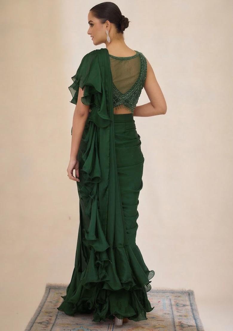 Green Hand Work Embellished Pre Draped Saree Set - Indya