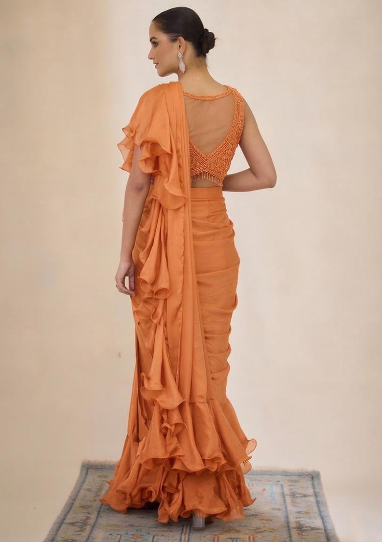 Peach Hand Work Embellished Pre Draped Saree Set - Indya