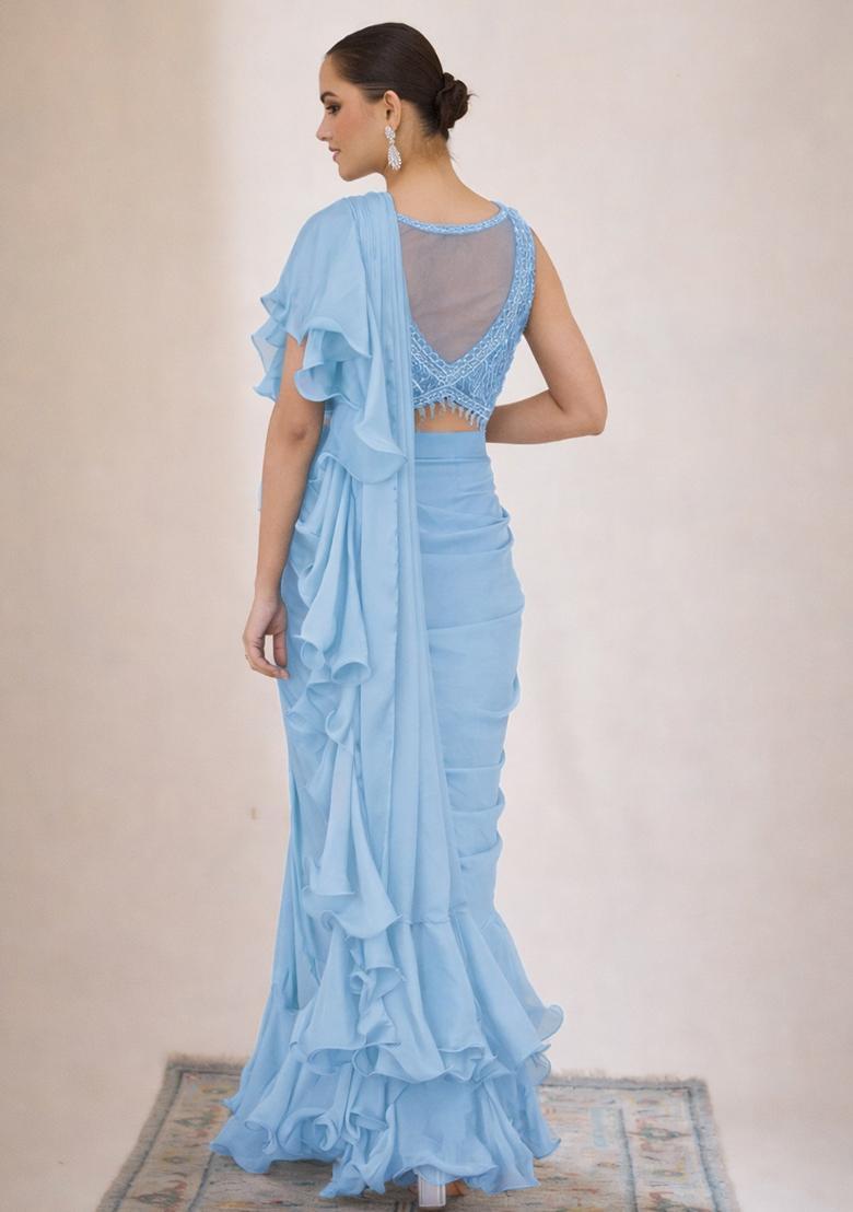 Coral Hand Work Embellished Pre Draped Saree Set - Indya