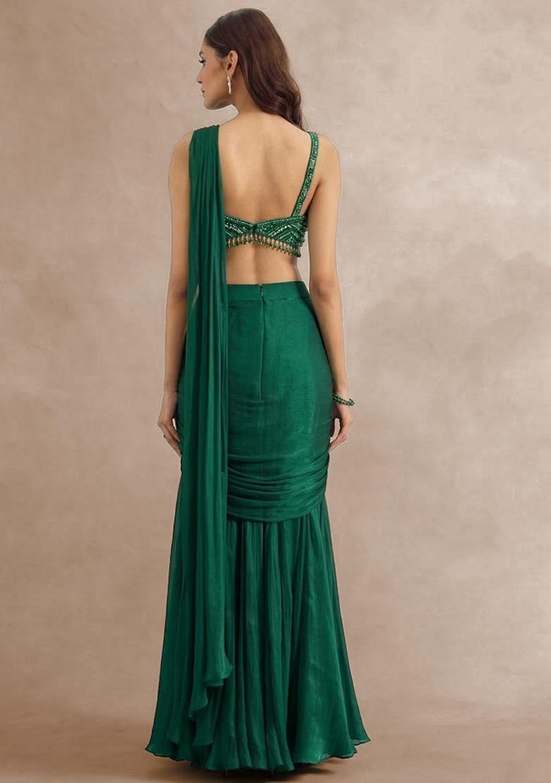 Green Hand Work Embellished Pre Draped Saree Set - Indya
