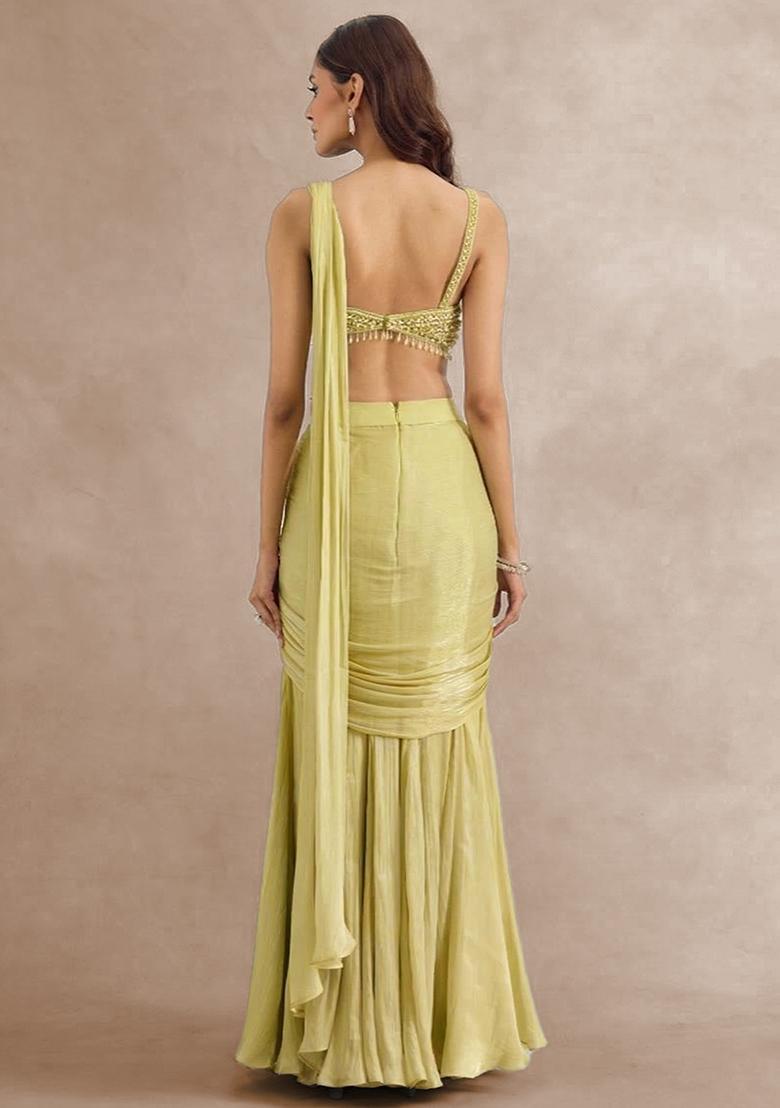 Bright Yellow Hand Work Embellished Pre Draped Saree Set - Indya