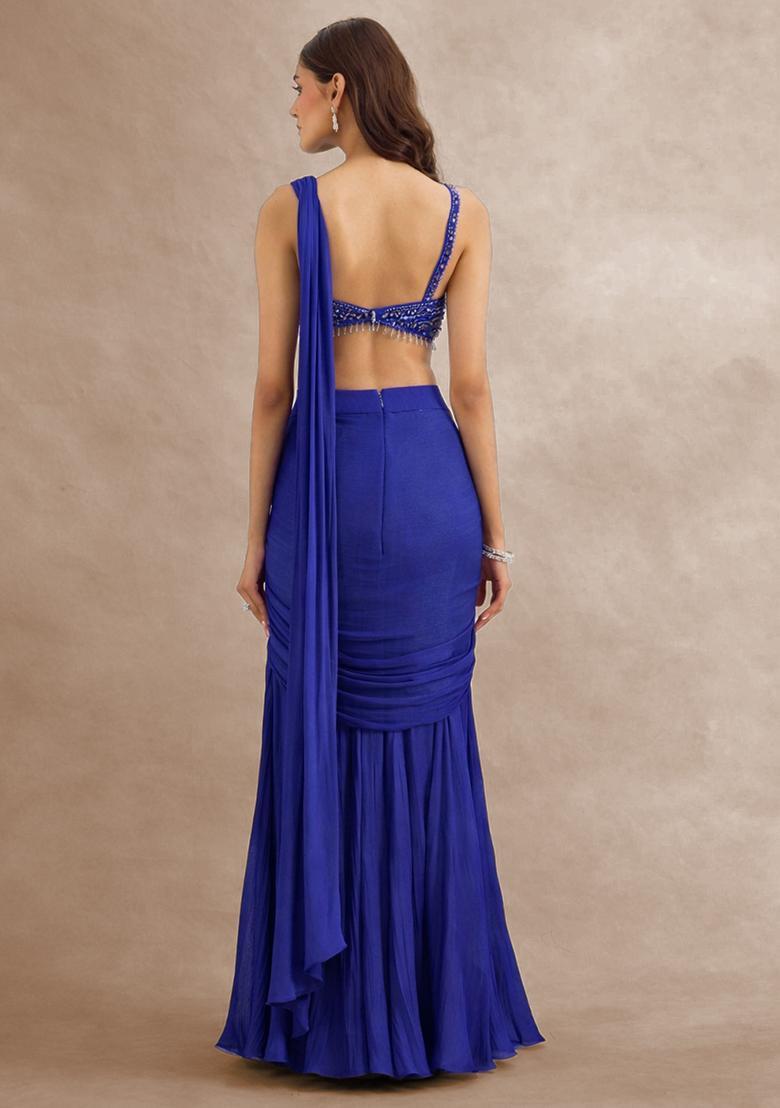 Royal Blue Hand Work Embellished Pre Draped Saree Set - Indya