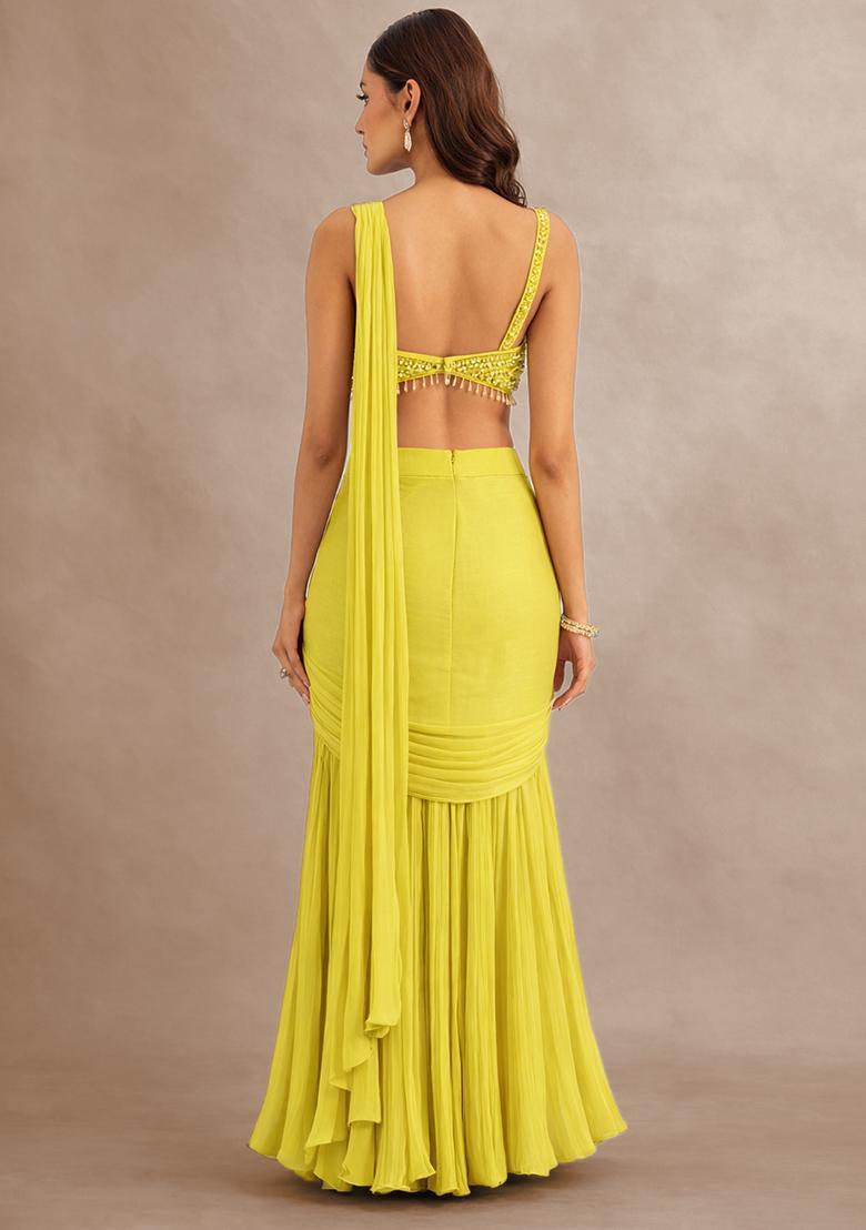 Yellow Hand Work Embellished Pre Draped Saree Set - Indya