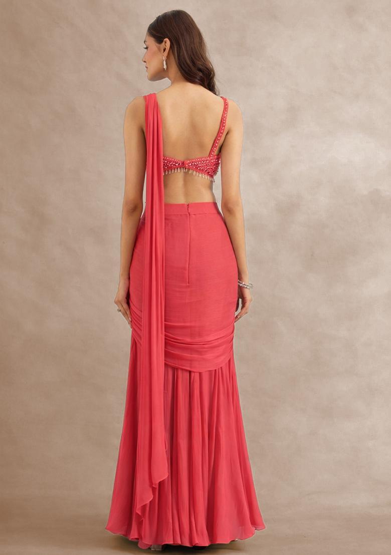 Pink Hand Work Embellished Pre Draped Saree Set - Indya