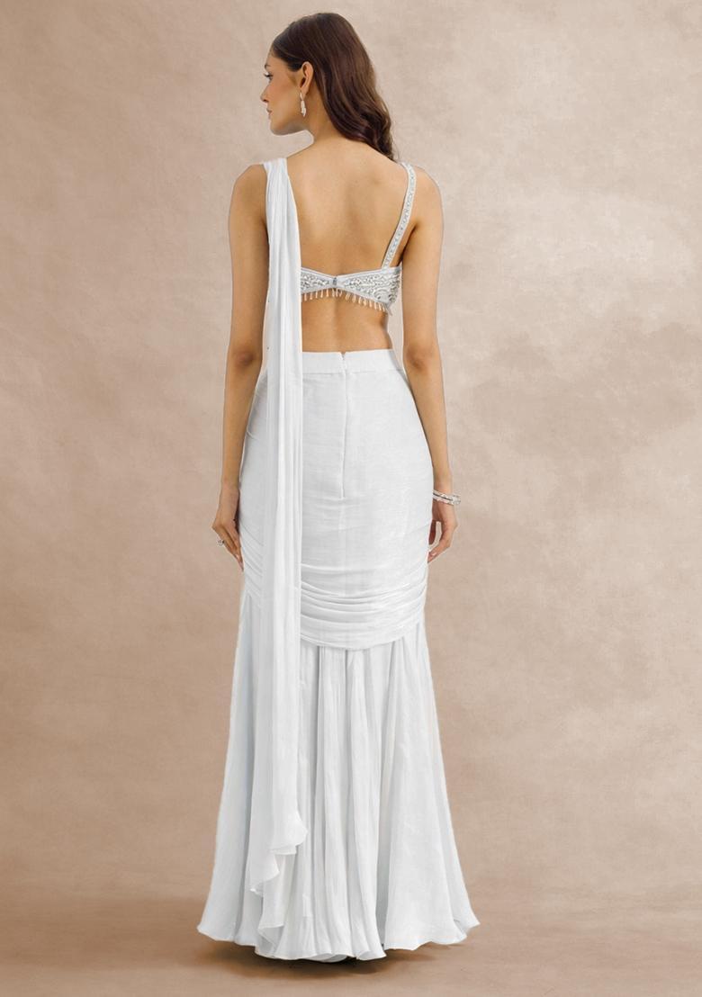 White Hand Work Embellished Pre Draped Saree Set - Indya