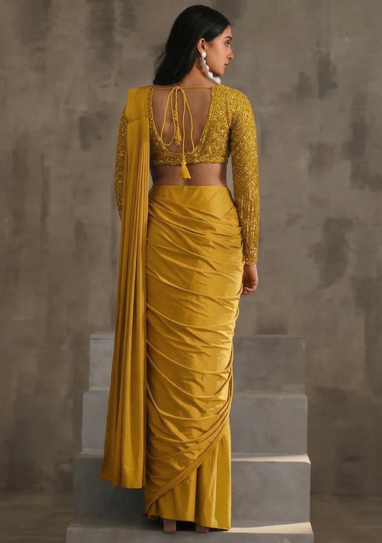Golden Yellow Hand Work Sequin Pre Draped Saree Set - Indya