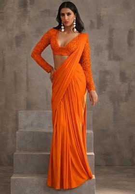 Bright Orange Hand Work Sequin Pre Draped Saree Set