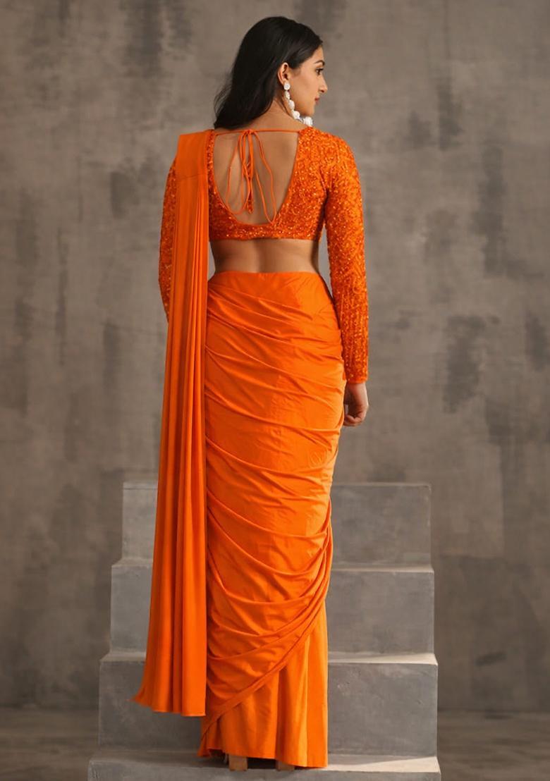 Bright Orange Hand Work Sequin Pre Draped Saree Set - Indya