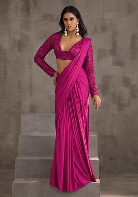 Bright Pink Hand Work Sequin Pre Draped Saree Set