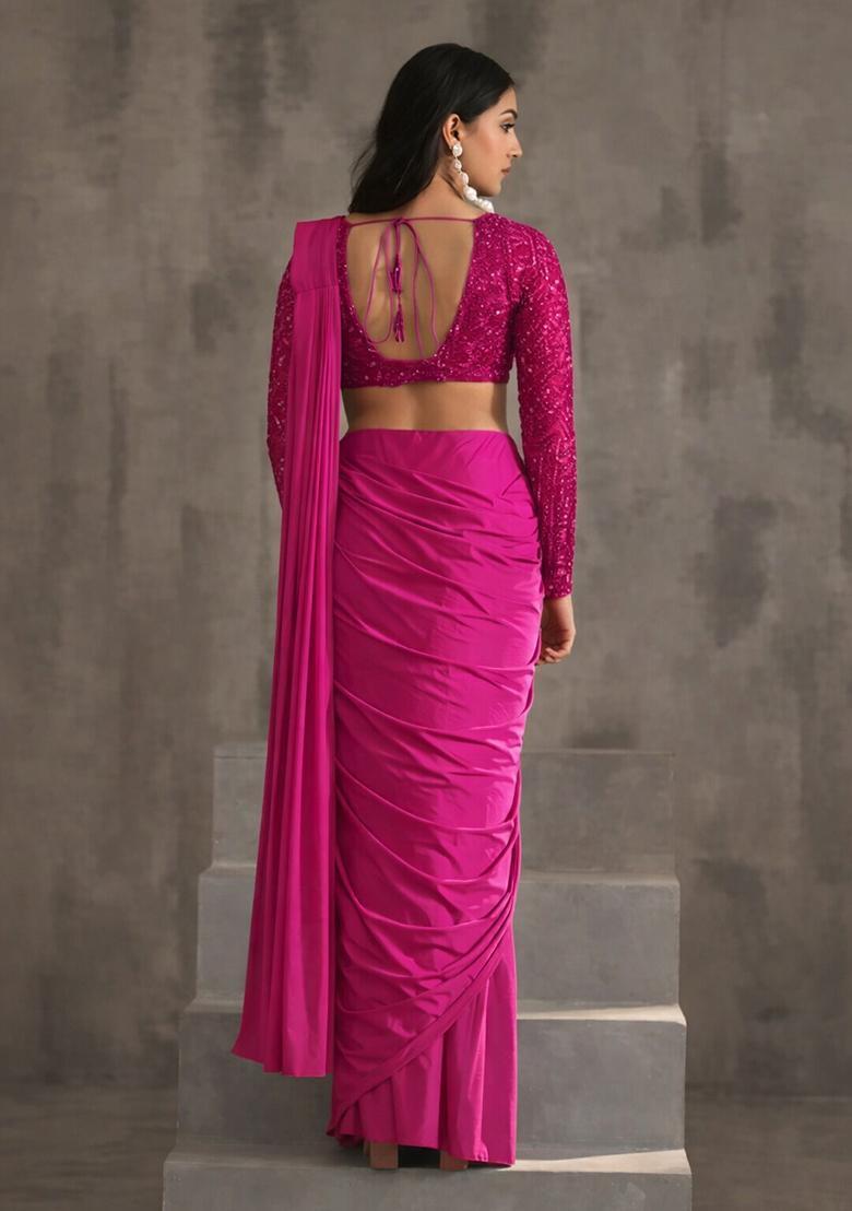 Bright Pink Hand Work Sequin Pre Draped Saree Set - Indya