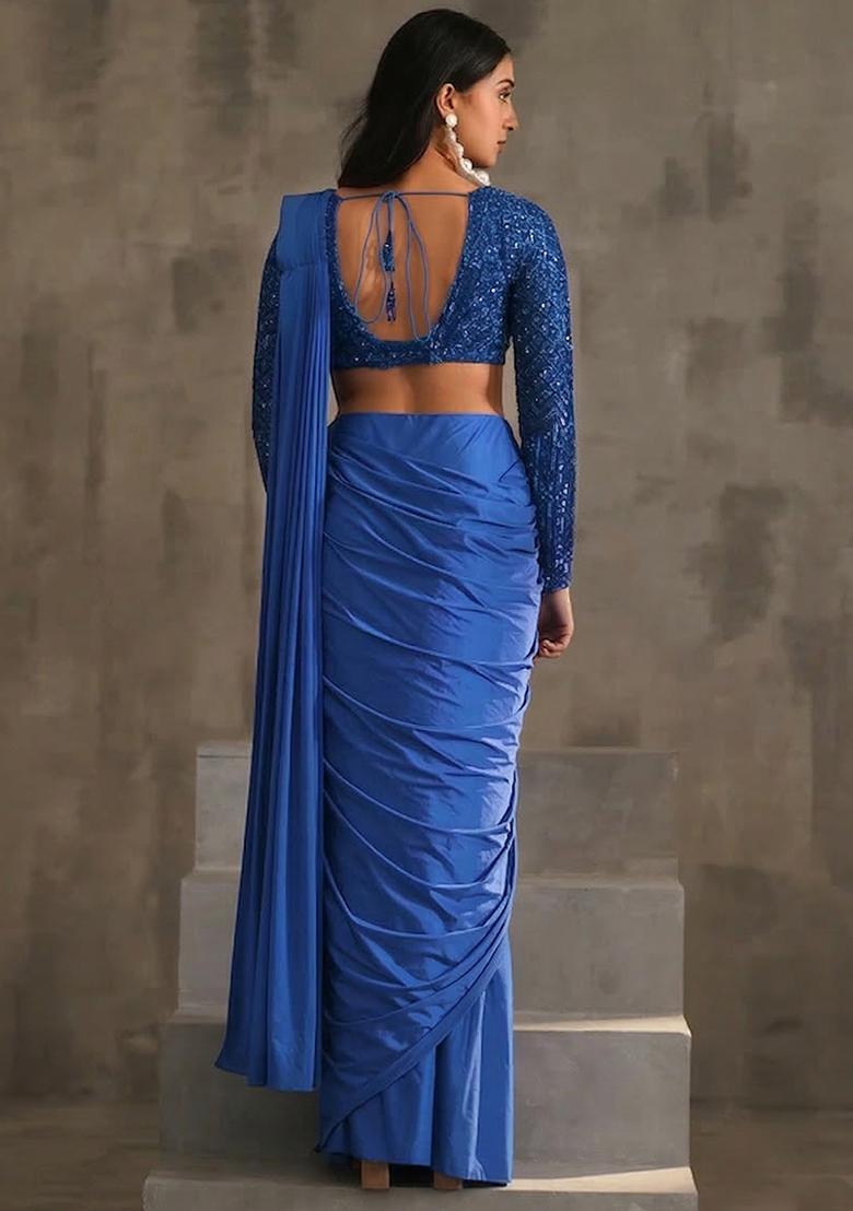 Royal Blue Hand Work Sequin Pre Draped Saree Set - Indya