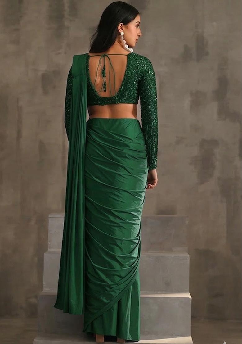 Green Hand Work Sequin Pre Draped Saree Set - Indya