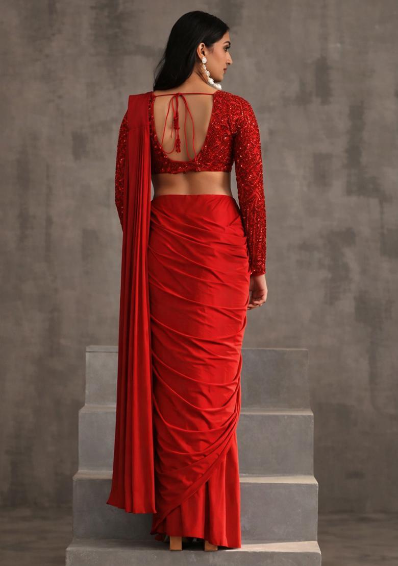 Bright Red Hand Work Sequin Pre Draped Saree Set - Indya