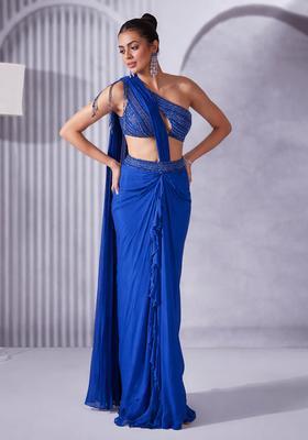Bright Blue Hand Work Embellished Pre Draped Saree Set